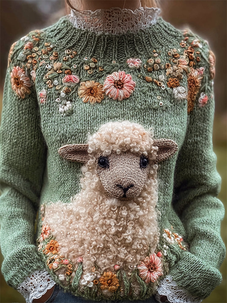 Vintage Sheep Floral Beaded Embroidered Cozy Knit Sweater artswardrobe