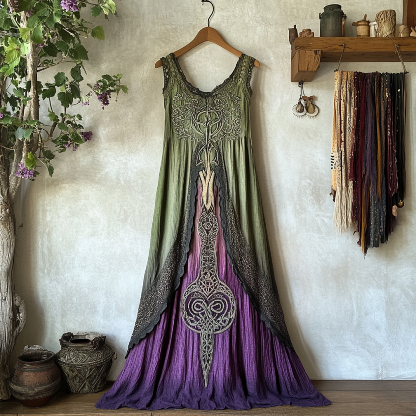 Vintage Viking Tribal Celtic Knot Life Of Tree Lace Patchwork Art Linen Tank Dress artswardrobe