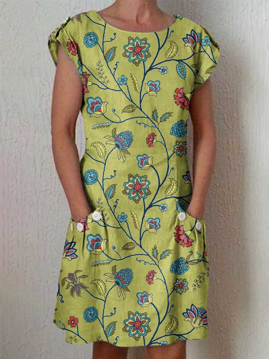Women's Classic Floral Cotton and Linen Dress