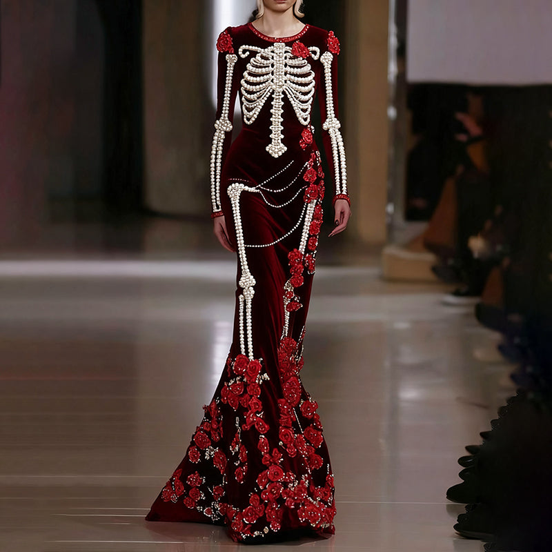 Comstylish Women's Halloween Skull Floral Velvet Crew Neck Maxi Dress