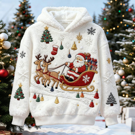 Comstylish Fun Santa Claus And Reindeer Pattern Men's Flannel Hoodie