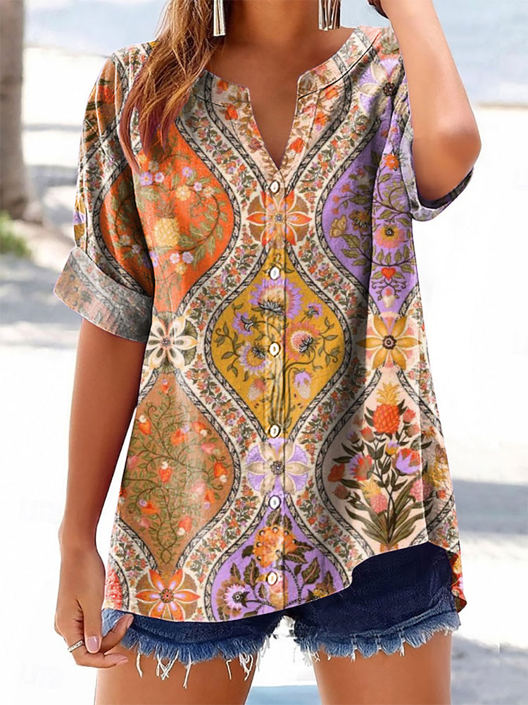 Women's Vintage Ethnic Floral Art Print Casual Cotton And Linen Shirt