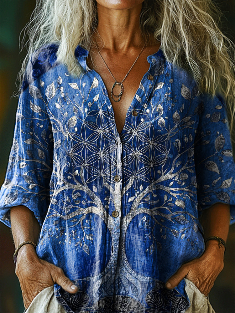 Women's Hippie Tree Art Print Casual Cotton Linen Shirt
