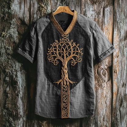 Men's Viking Life Of Tree Celtic Knot Art Linen V-neck T Shirt artswardrobe