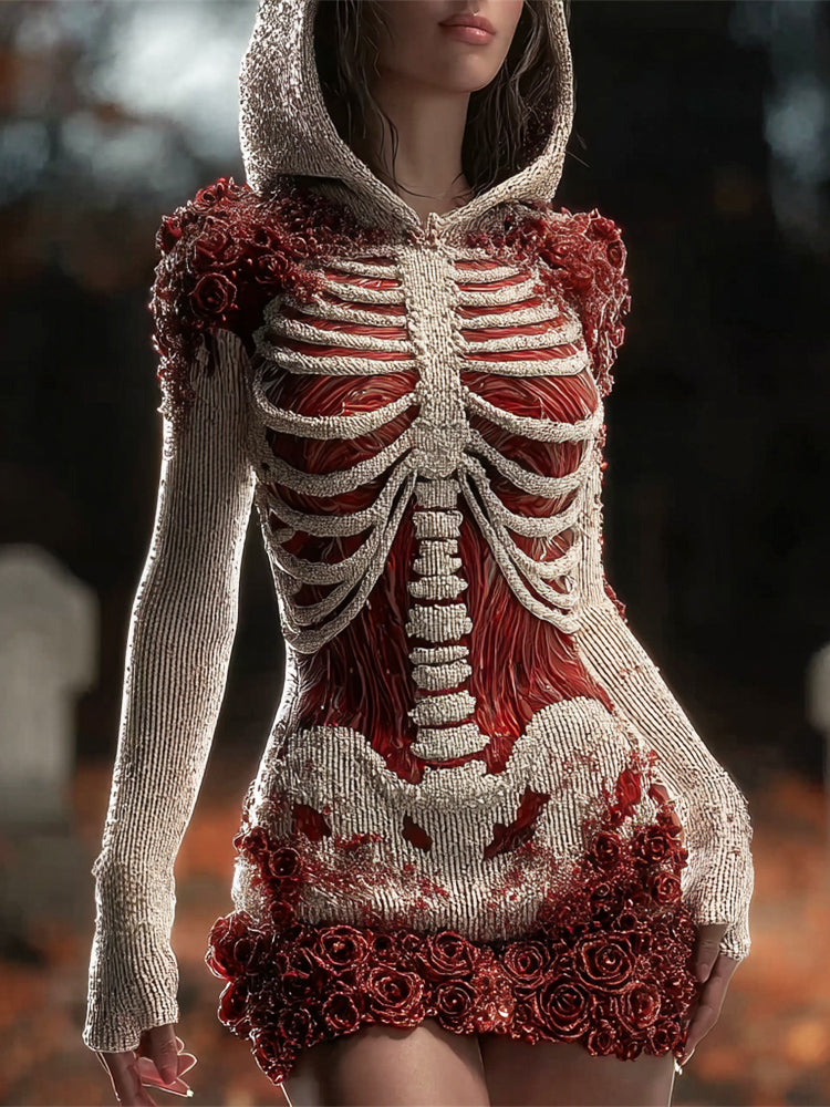 Halloween Bloody Skeleton & Floral Art Women's Knit Mini Dress artswardrobe