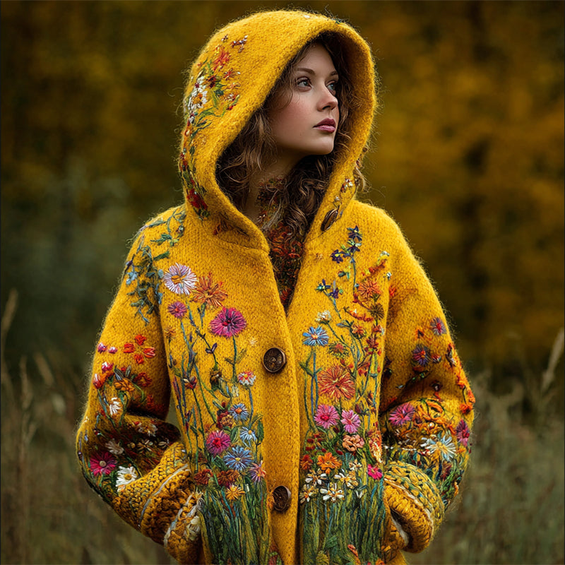 Comstylish Vintage Cottage Wild Flowers Embroidered Cozy Knit Hooded Cardigan