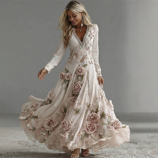 Women's Vintage Boho Pink Rose Floral Lace Sequins Art Flowy Maxi Dress elevenforest