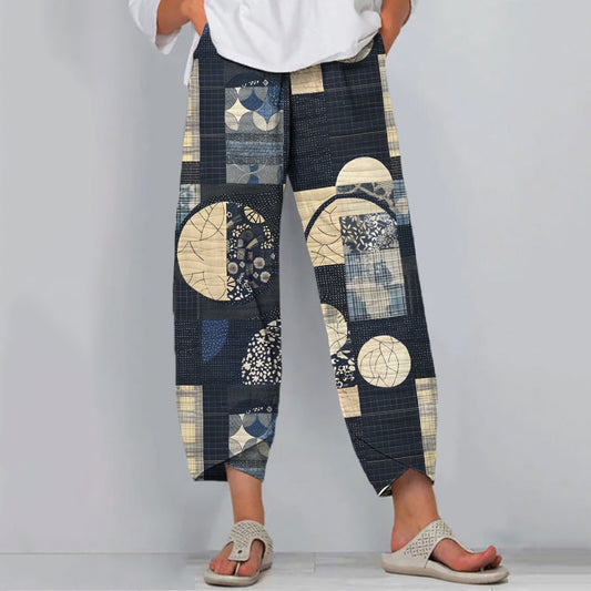 Comstylish Vintage Japanese Traditional Moonlight Art Cropped Casual Pants