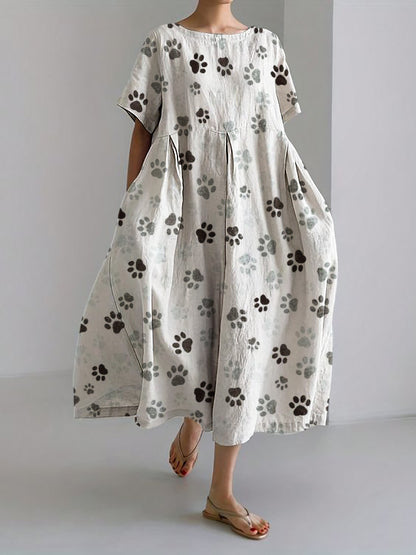 Comstylish Paw Prints Pattern Flowy Maxi Linen Blend Dress