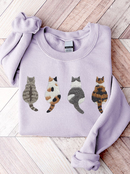 Cute Cats Embroidery Pattern Casual Cozy Sweatshirt elevenforest