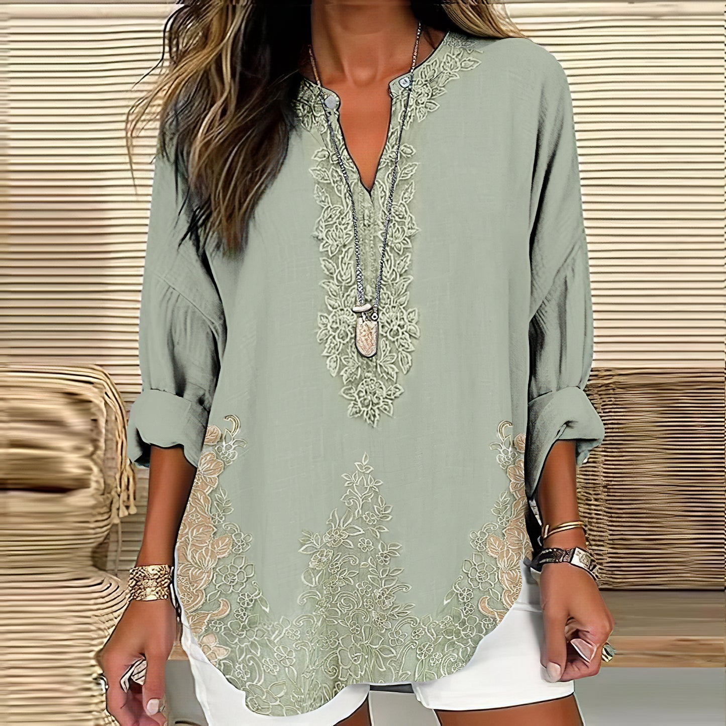 Comstylish Women's Retro Floral Art Linen Print Casual Shirt