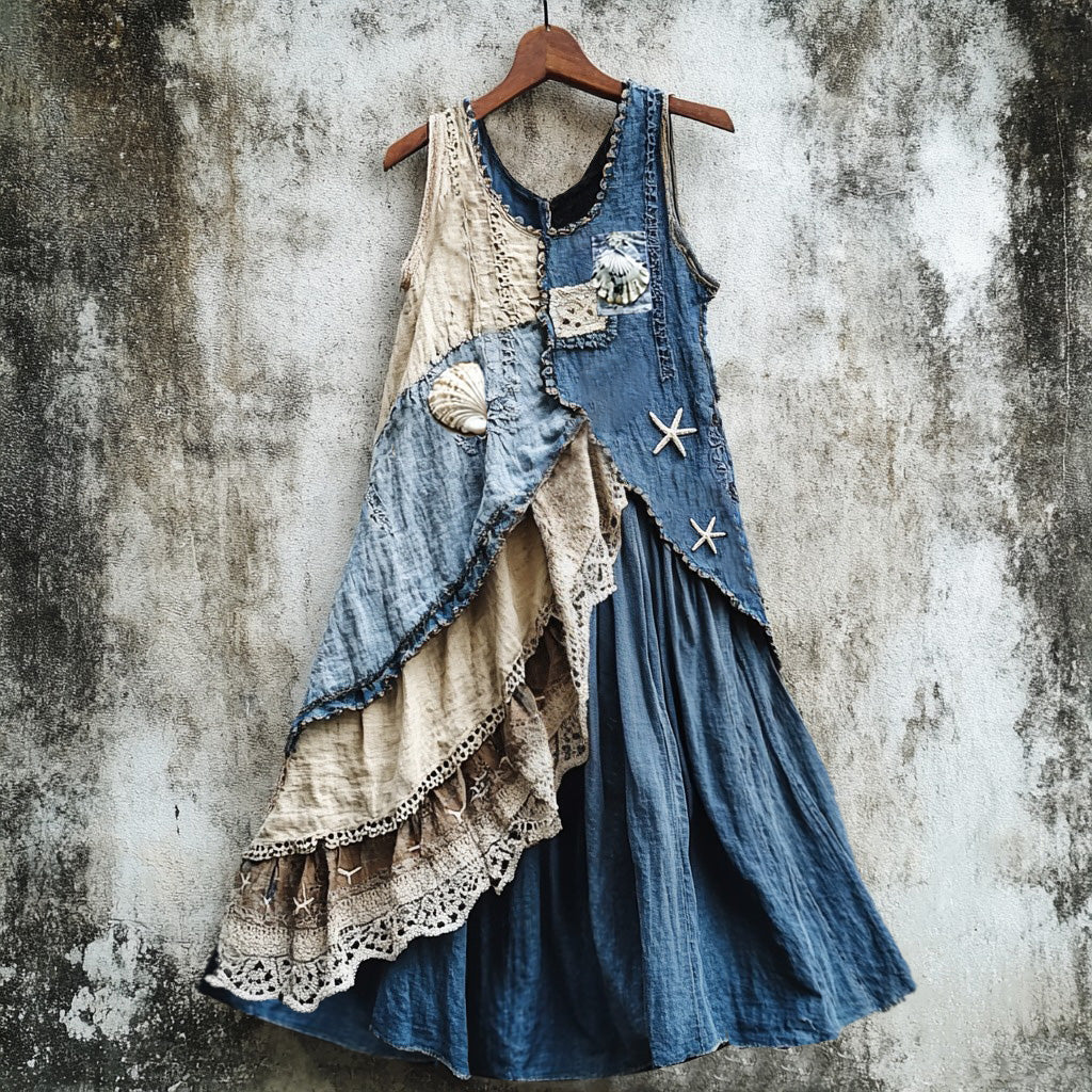 Vintage Starfish And Shell Patchwork Art Comfy Tank Dress artswardrobe