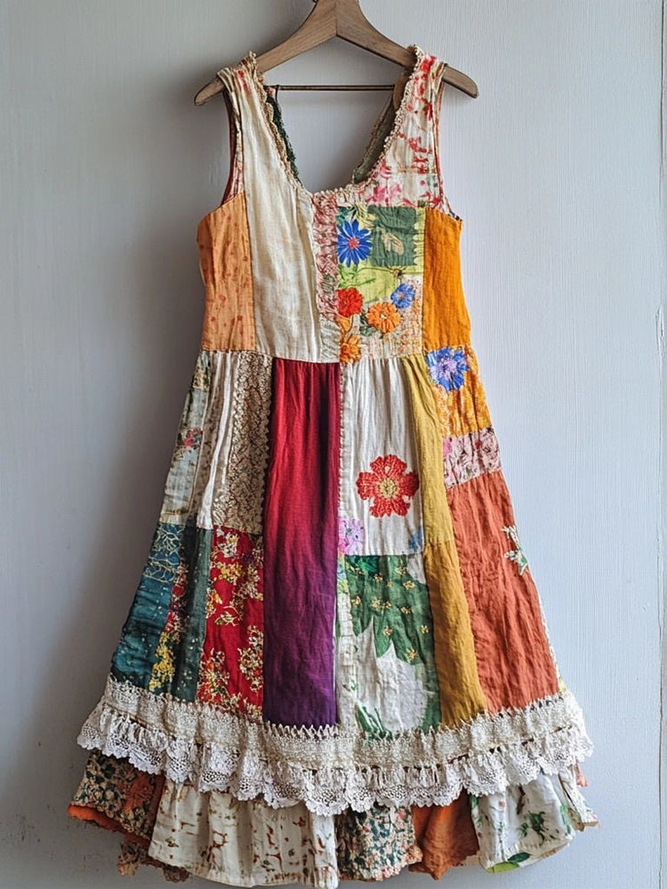 Floral Pattern Lace Patchwork Linen Blend Dress artswardrobe