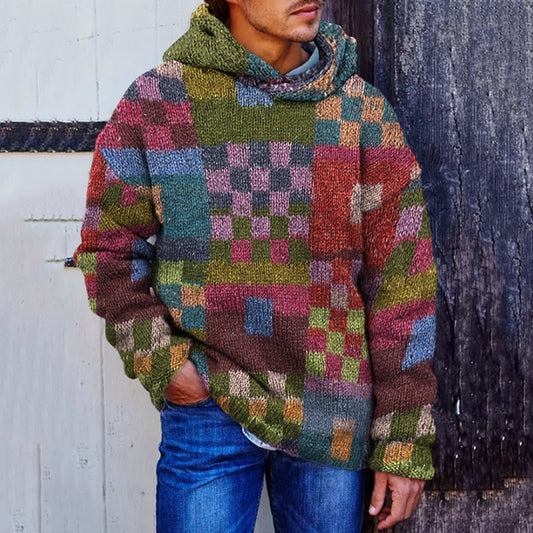 Men's Vintage Plaid Patchwork Colorful Cozy Hooded Sweater artswardrobe
