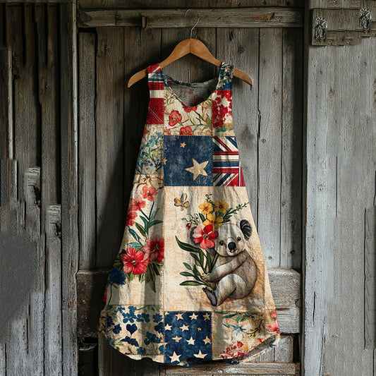 Vintage Loose  Australian Save Koala Protect Koala Cute Koala Pattern Art Print Linen Tank Dress artswardrobe