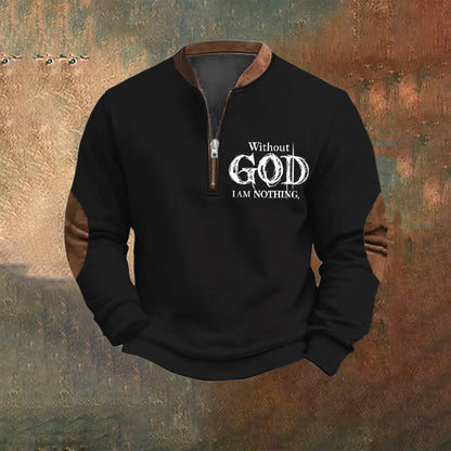 Comstylish Men's Vintage Faith Without God I Am Nothing Printed Zip Collar Sweatshirt