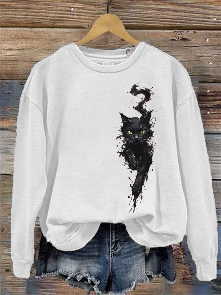 Comstylish Women's Casual Funny Black Cat Print Sweatshirt