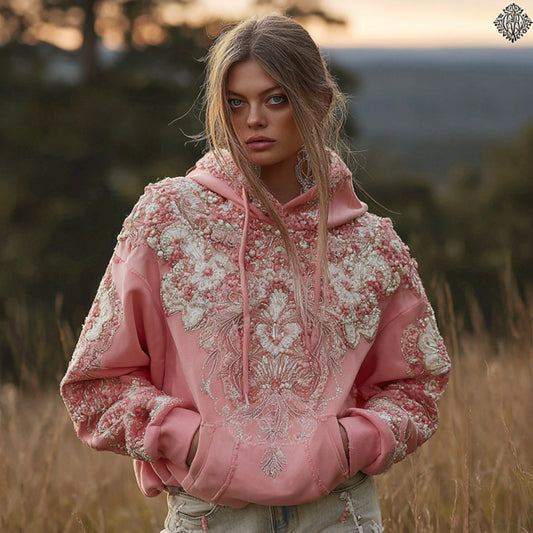 Comstylish Women's Pink Flower Embroidery Art Long Sleeve Hoodie