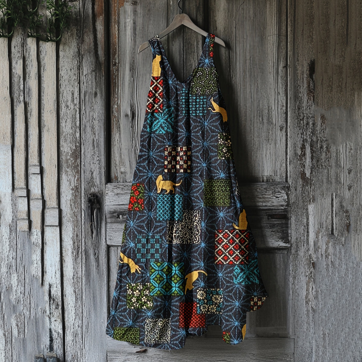 Women's Vintage Cat Geometric Art Linen Tank Dress