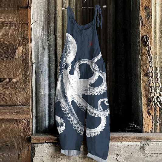 Comstylish Vintage Japanese Art Octopus Print Casual Loose Jumpsuit