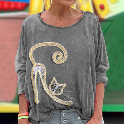 Vintage Fun Lace Cat Art Crew Neck Comfort Top elevenforest