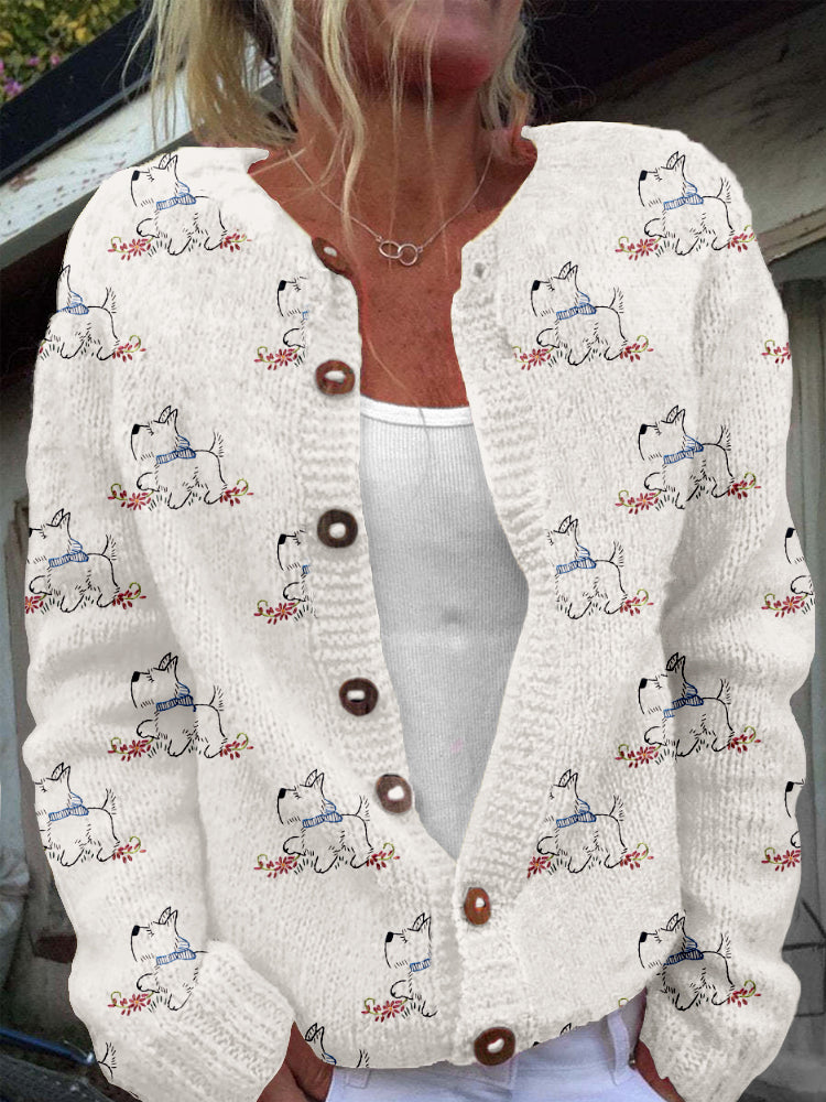 Comstylish Cute Terrier Embroidered Cozy Knit Cardigan