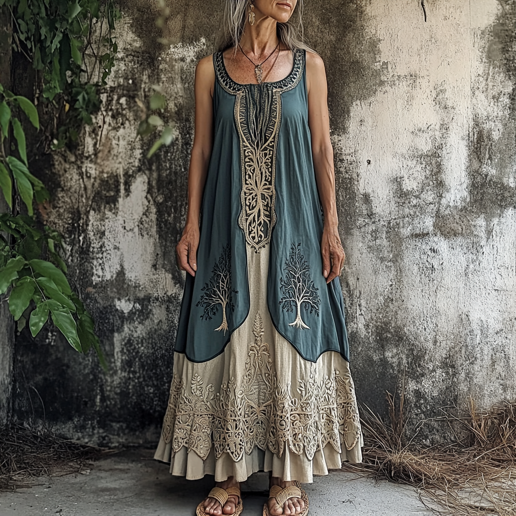 Women's Vintage Tribal Patchwork Linen Blend Midi Dress artswardrobe
