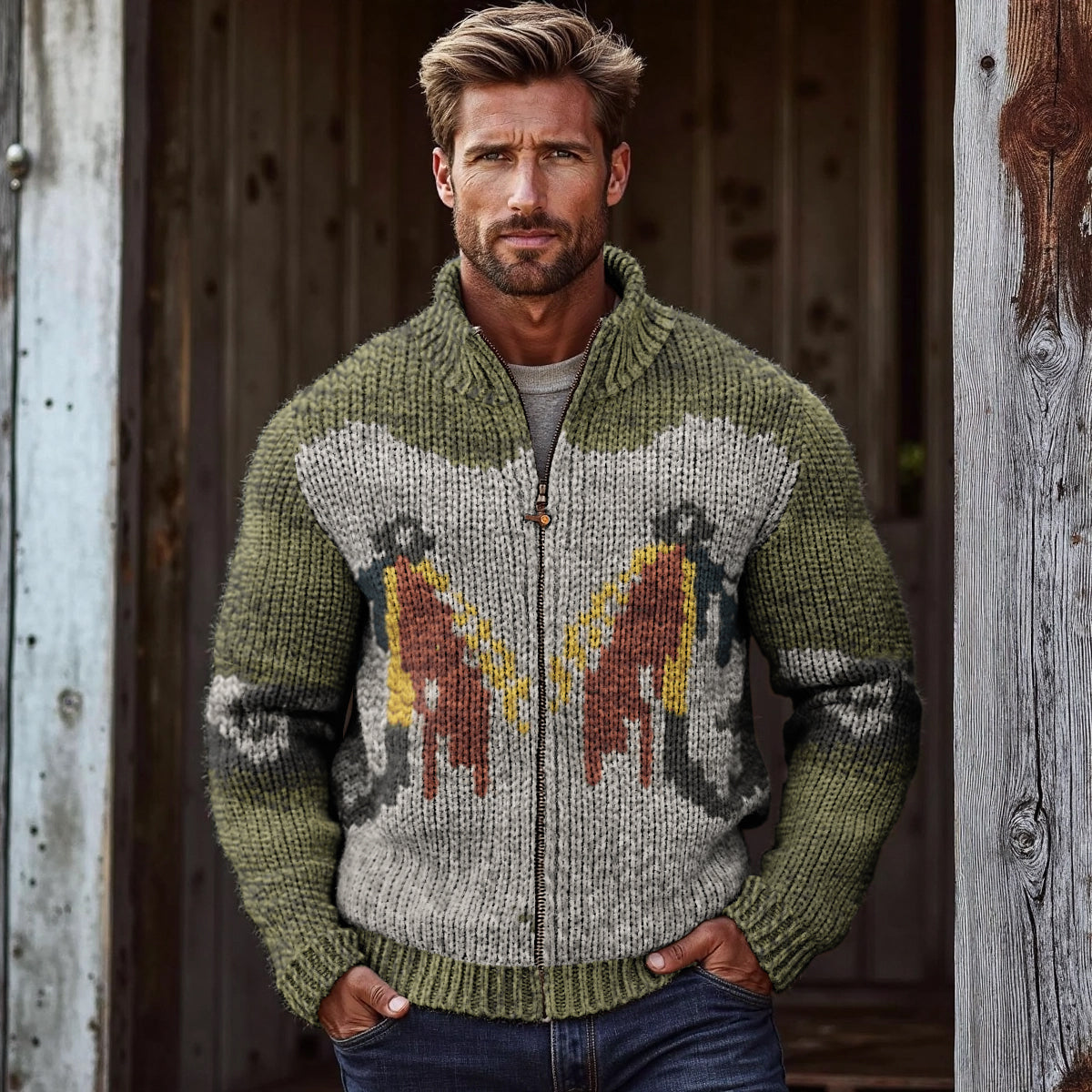 Men'S Outdoor Fisherman Jacquard Knit Zipper Sweater artswardrobe