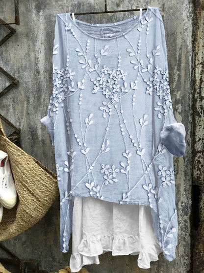 Comstylish Classy Floral Lace Embroidered Oversize Linen Blend Tunic