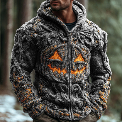 Halloween Pumpkin Emoji Men's Chunky Knit Full Zip Hooded Sweater artswardrobe