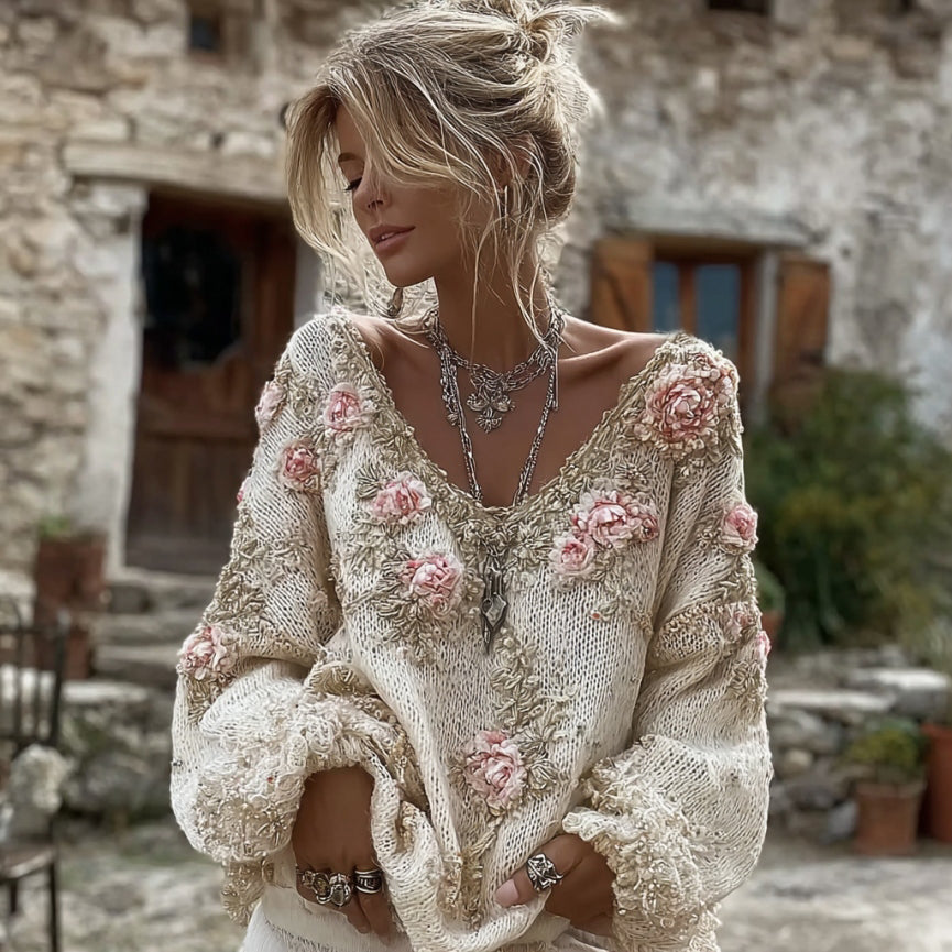 Comstylish Women's Vintage Pink Flowers Art V-neck Cozy Knit Sweater