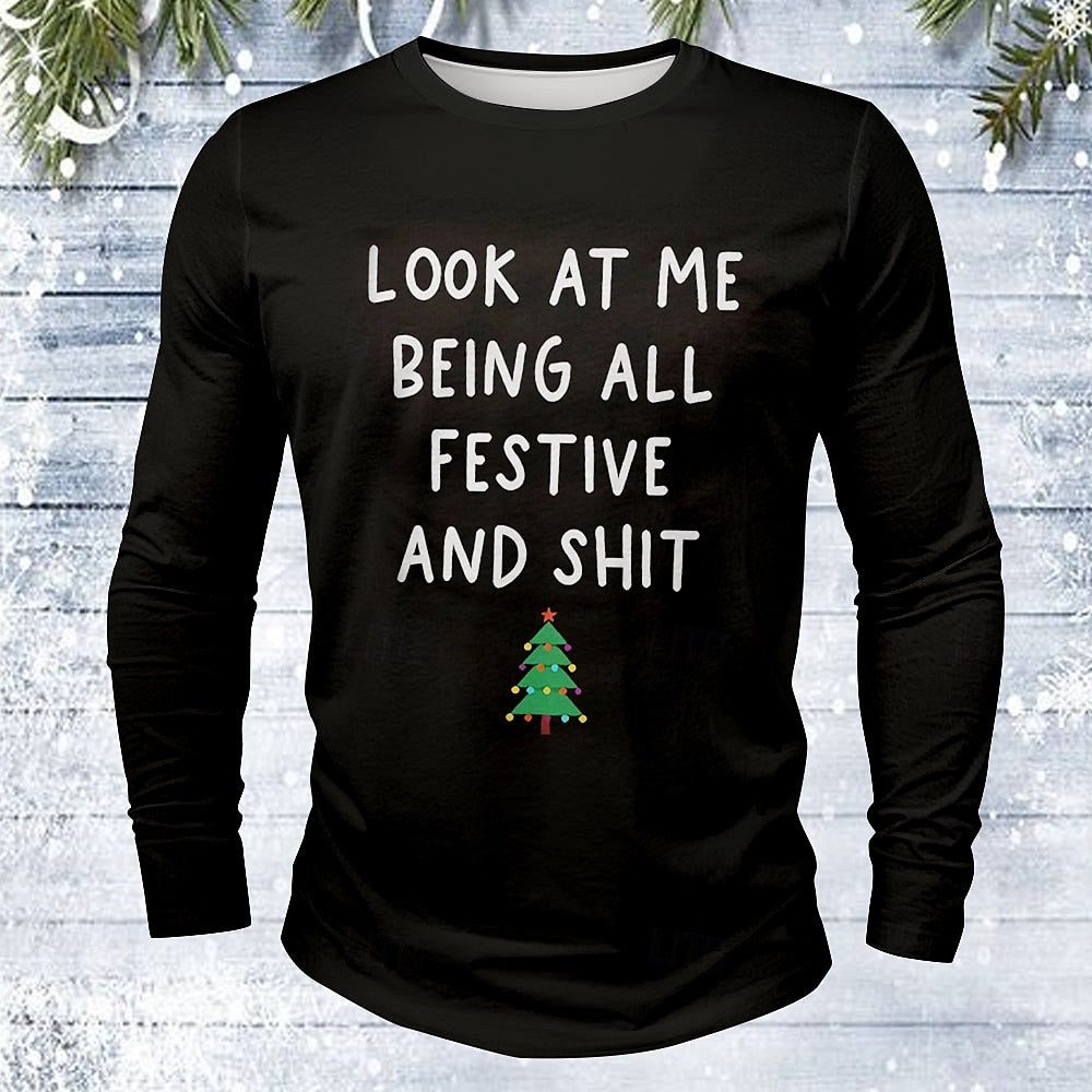 Comstylish Men's Christmas Print Crew Neck Long Sleeve Casual T-shirt