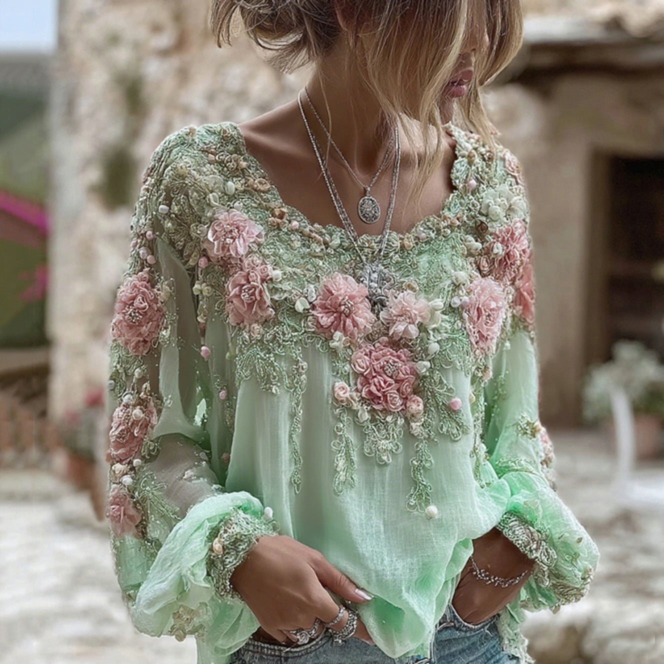 Women's Pink Rose Embroidery Art Round Neck Long Sleeve Linen Blend T-shirt artswardrobe