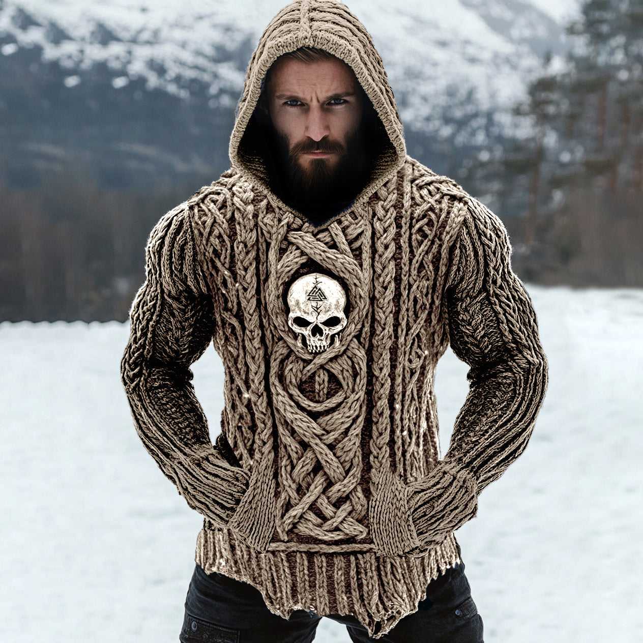 Men's Viking Tribal Skull Rune Celtic Inspired Knit Hooded Sweater elevenforest