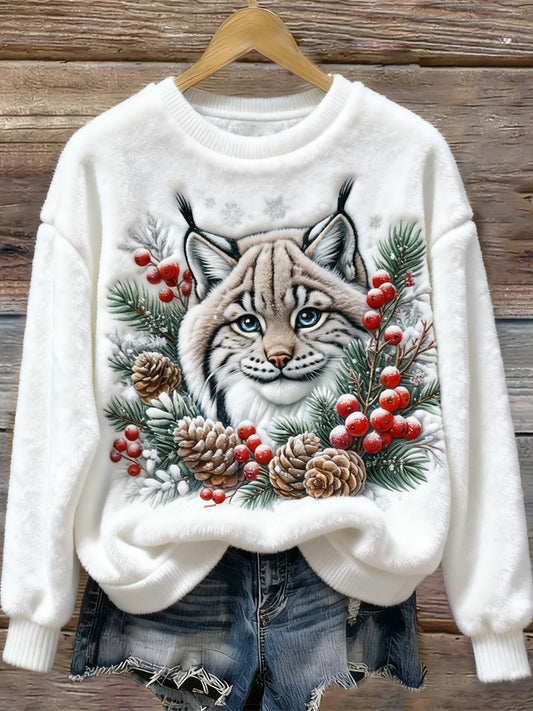 Christmas Lynx Animal Pattern Women's Flannel Sweatshirt elevenforest