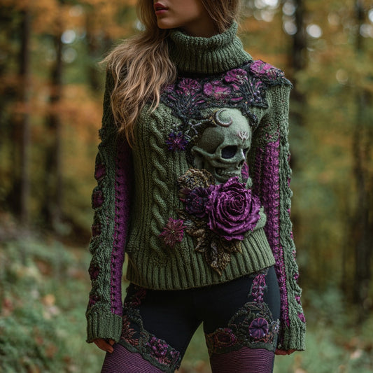 Women's Retro Sugar Skull And Rose Contrast Jacquard Cozy Warm Turtleneck Sweater artswardrobe