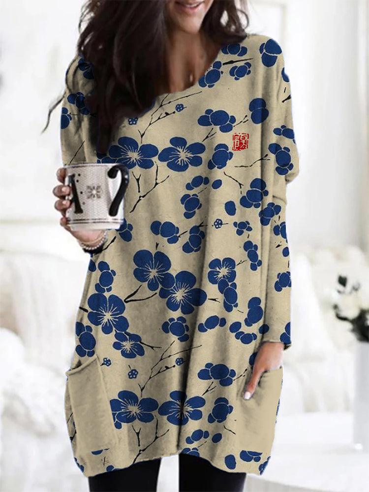 Comstylish Cherry Blossom Japanese Lino Art Cozy Tunic