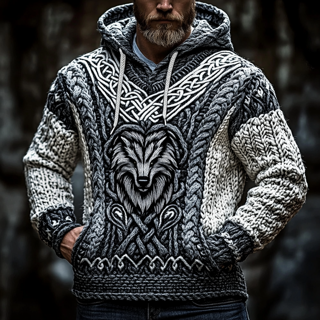 Men's Viking Wolf Inspired Celtic Chunky Hooded Sweater elevenforest