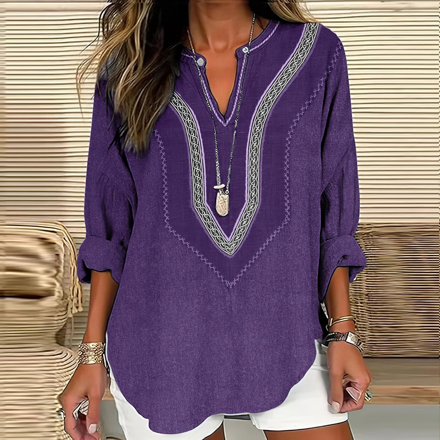 Comstylish Women's Viking Celtic Knot Art Linen Print Casual Shirt
