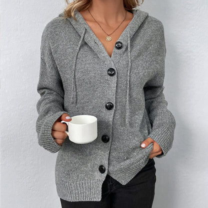 Solid Color Single Breasted Hooded Drawstring Sweater Cardigan elevenforest