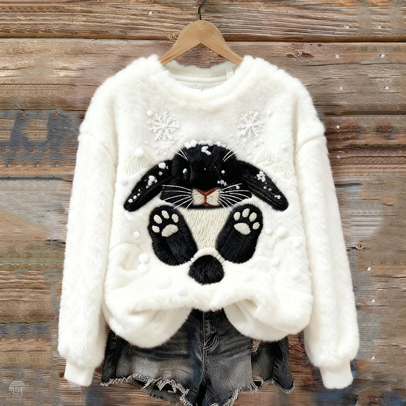Comstylish Lovely Bunny & Snow Embroidered Cozy Plush Sweatshirt