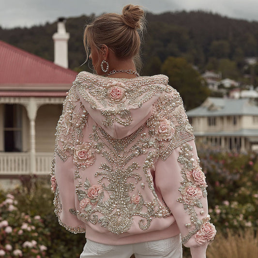 Comstylish Women's Knitted Rose Embroidered Warm Hoodie
