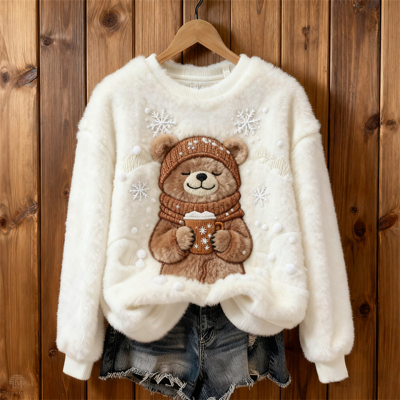 Cozy Bear With Hot Drink Snowflakes Embroidered Plush Sweatshirt