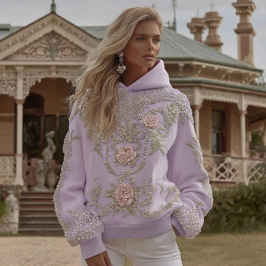 Comstylish Women's Vintage Flower Embroidery Art Long Sleeve Casual Hoodie