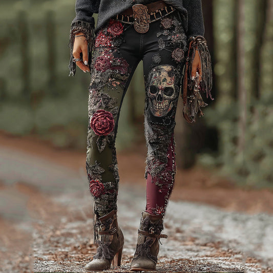Comstylish Rose Skull Gothic Patchwork Rock Leggings