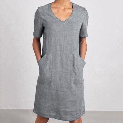 Women's Retro Solid Color Cotton And Linen V-neck Pocket Dress artswardrobe