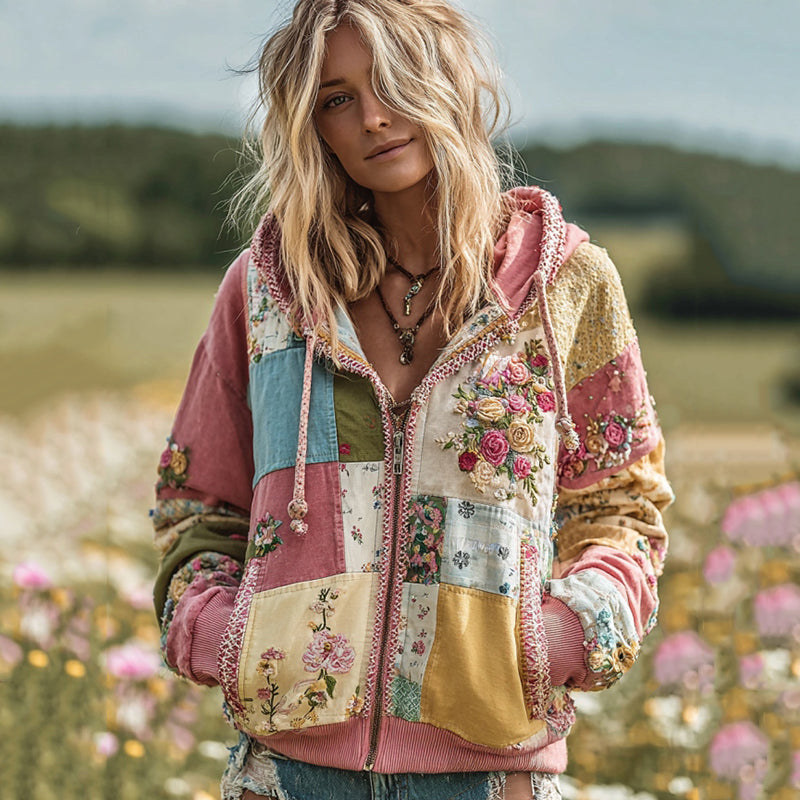 Comstylish Women's Vintage Rose Floral Patchwork Cozy Warm Zipper Hoodie