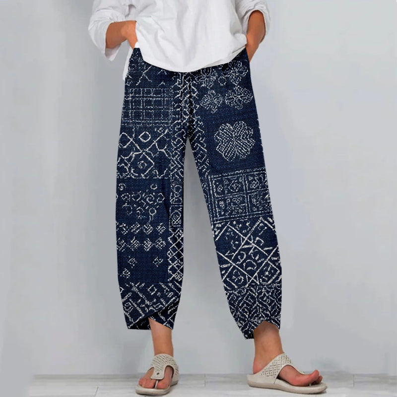 Comstylish Vintage Japanese Sashiko Art Cropped Casual Linen Pants