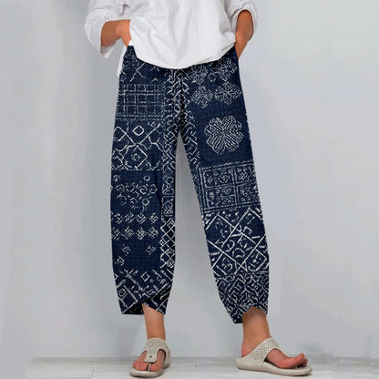 Comstylish Vintage Japanese Sashiko Art Cropped Casual Linen Pants