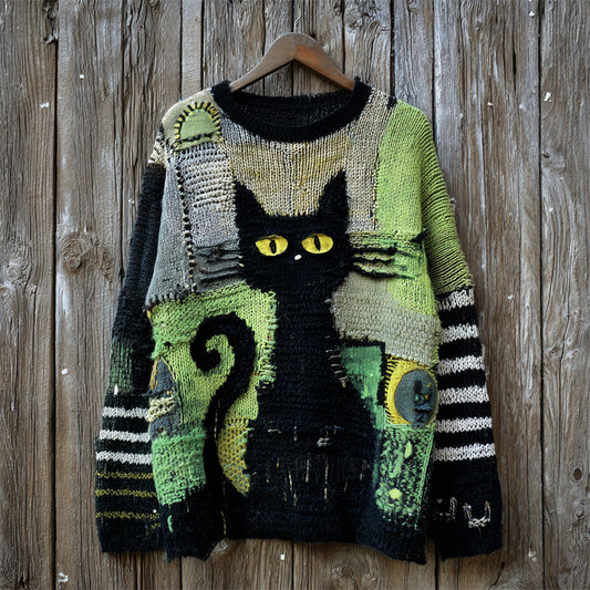 Halloween Witch Black Cat Striped Patchwork Cozy Knit Sweater artswardrobe